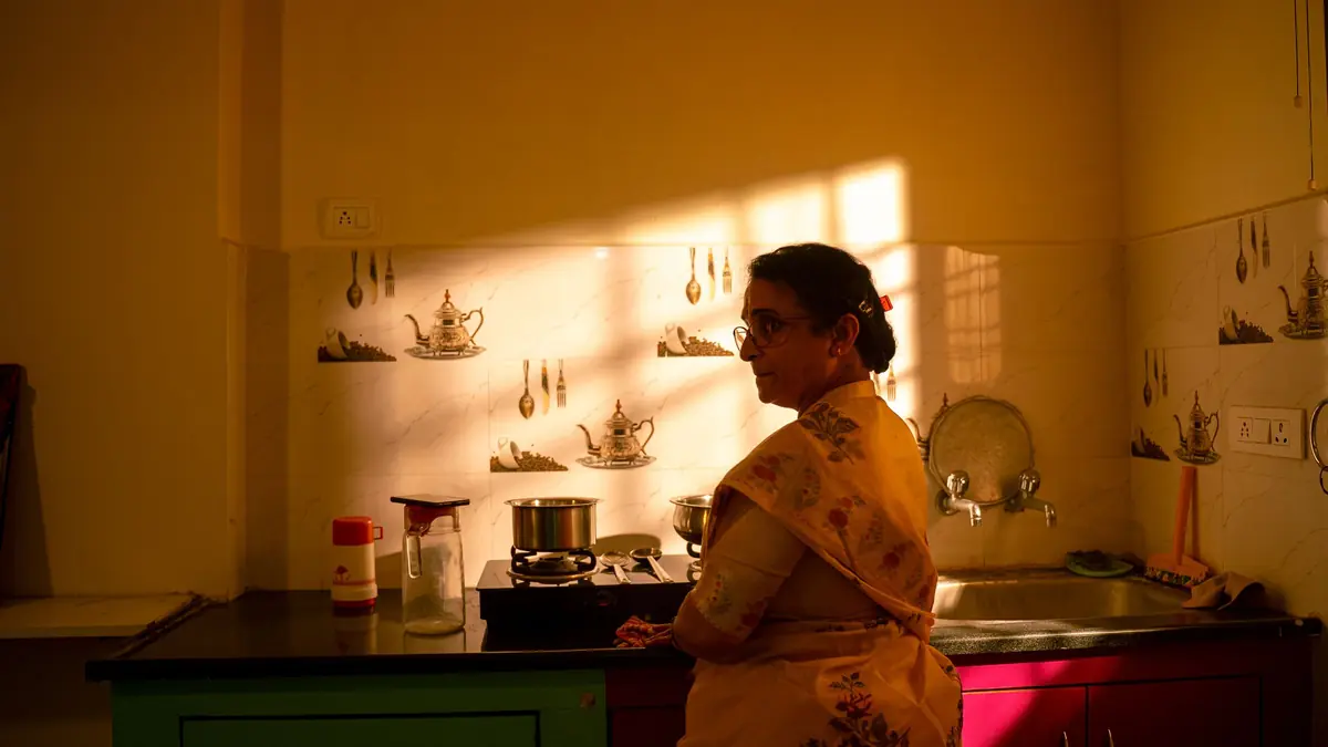 A woman in a sari stands at the stove of her home kitchen in warm afternoon light